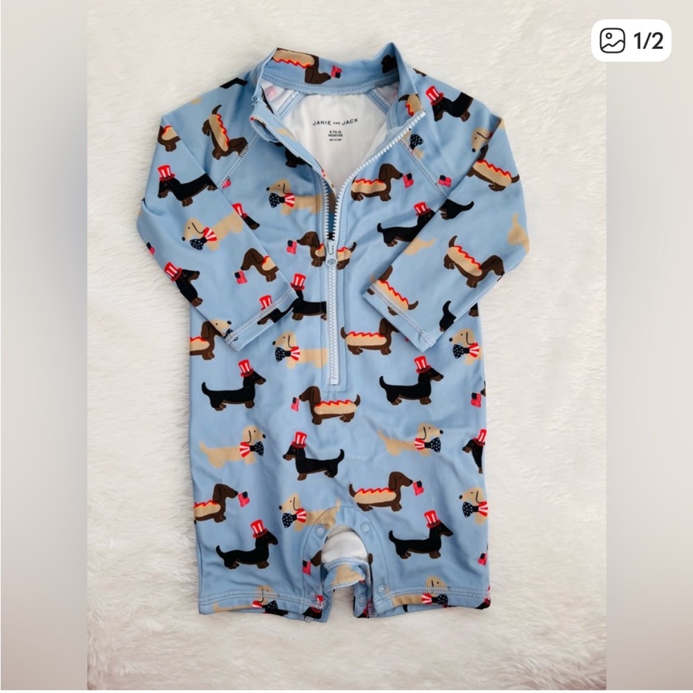 Janie and Jack Blue Dachshund Baby Swimsuit size 6-12 months